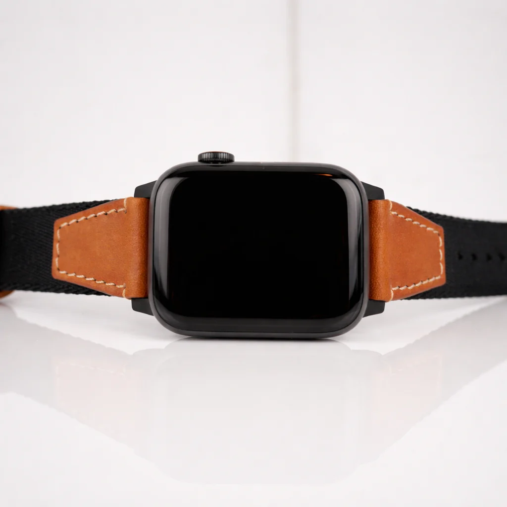 Apple Watch Leather Nylon Military Black Band - Image 5