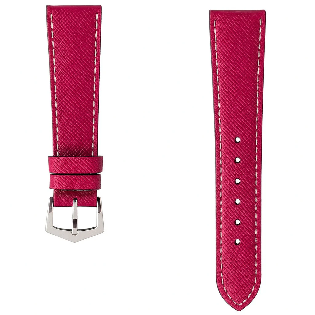 Berry Fuchsia Saffiano Leather White Stitches Watch Strap - Image 2