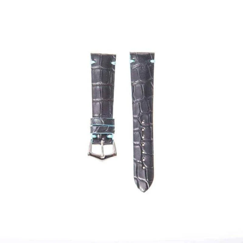Black Genuine Alligator Watch Strap Light Blue Borders - Image 2