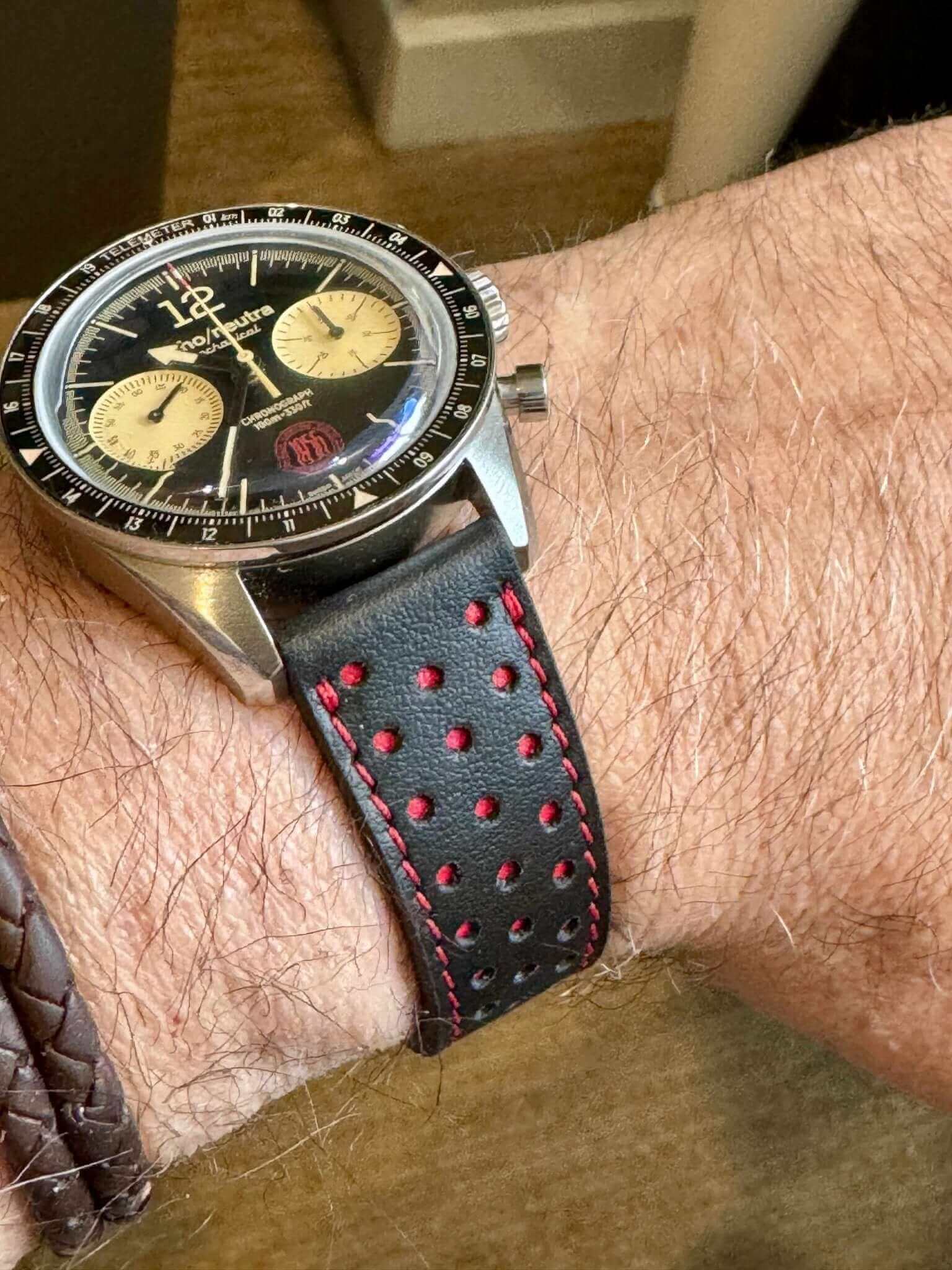 Black & Red Driver Racing Leather Watch Strap - Image 9
