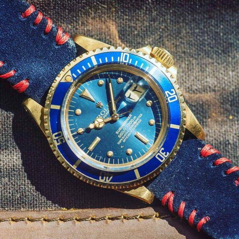 Blue Suede Watch Strap Red Tribal Stitches - Image 2