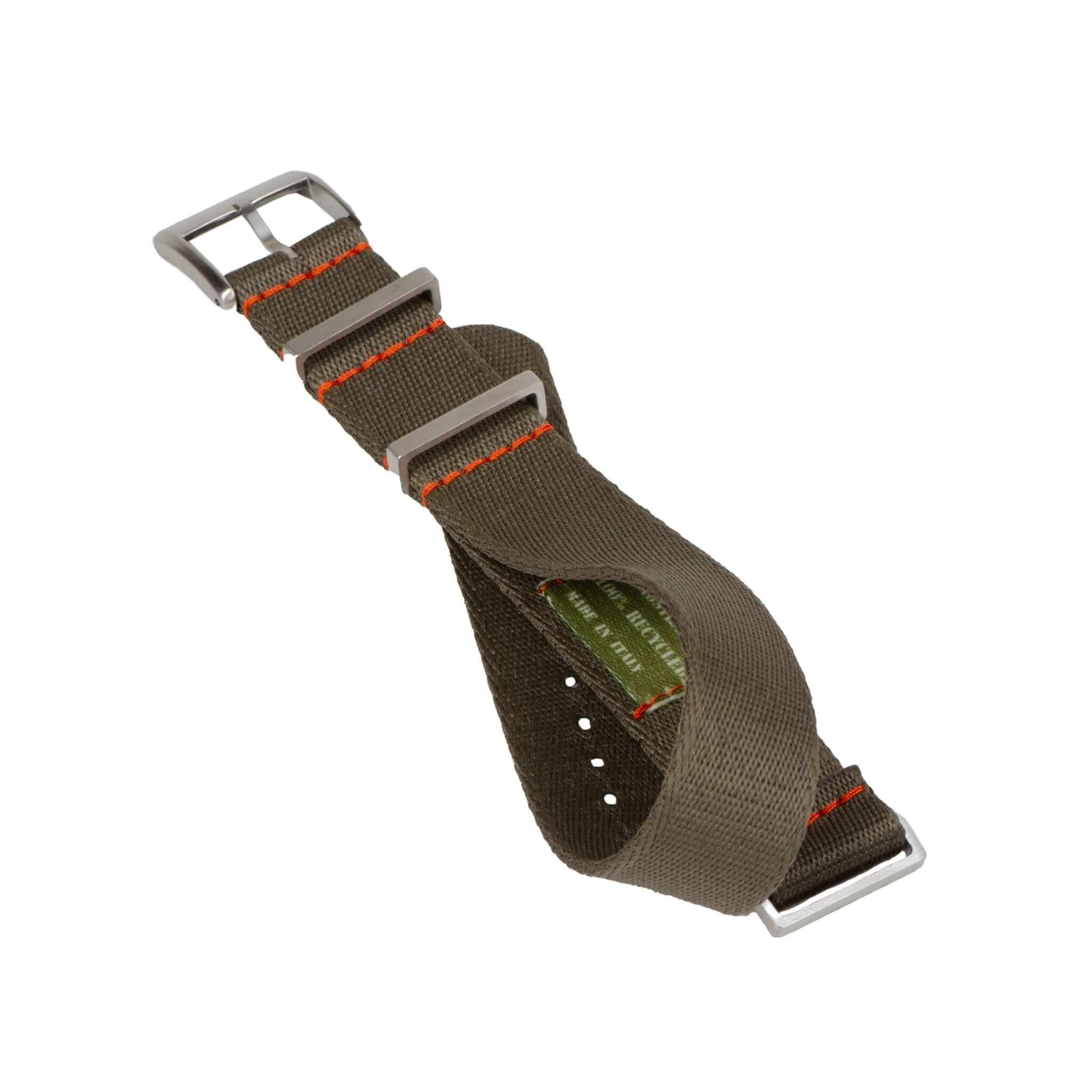 Dark Green Nylon Military Watch Strap with Orange Stitches - Image 2