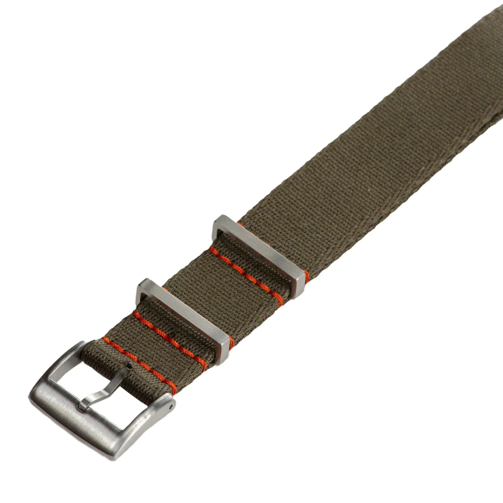 Dark Green Nylon Military Watch Strap with Orange Stitches - Image 3