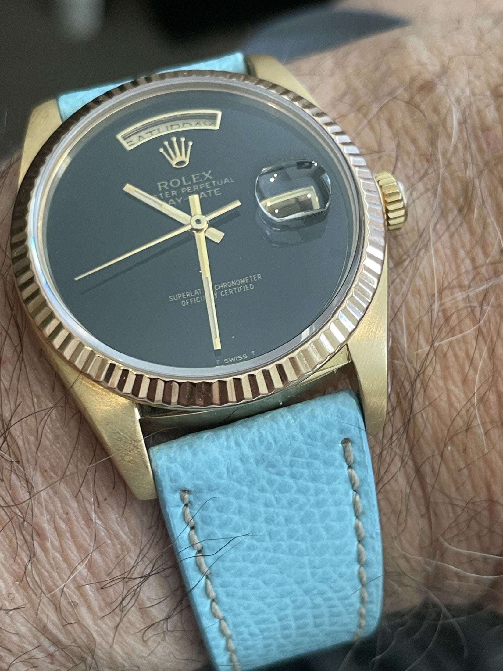 Light Blue Hammered Calfskin Ecru Stitches Watch strap - Image 10
