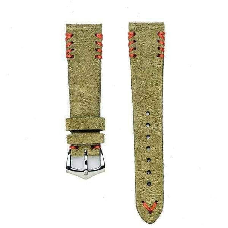 Military Green Suede Vintage Watch Strap Tribal Red Stitches - Image 2