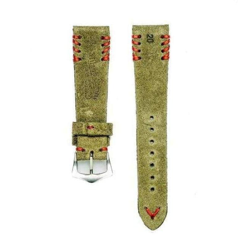 Military Green Suede Vintage Watch Strap Tribal Red Stitches - Image 3