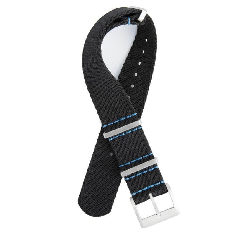 Premium Black Nylon Military Watch Strap with Blue Stitches - Image 2