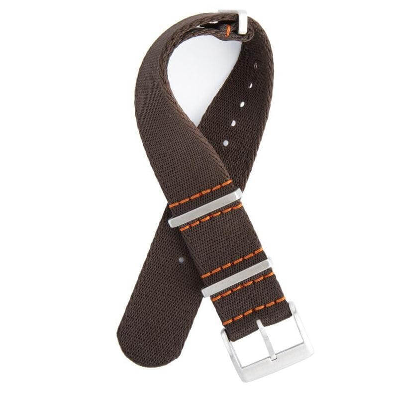 Premium Dark Brown Nylon Military Watch Strap with Orange Stitches - Image 2