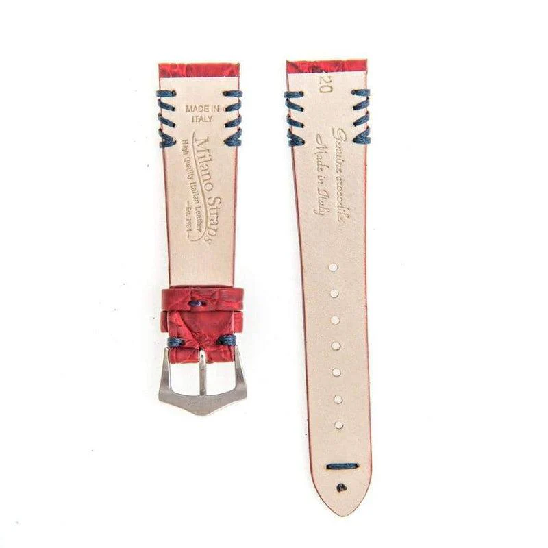 Red Rubberized Crocodile Watch Strap Blue Tribal Stitches - 20mm - Image 3